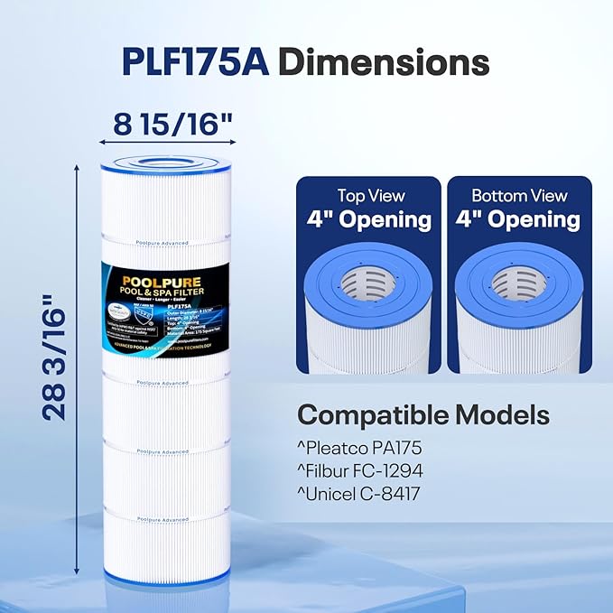 POOLPURE PLF175A Pool Filter Replaces Hayward C1750, CX1750RE, PA175, Ultral-B4, Unicel C-8417, Filbur FC-1294, Sta-Rite PXC175, 817-0175P, L x OD: 28 3/16" x8 15/16", 175 sq.ft Cartridge