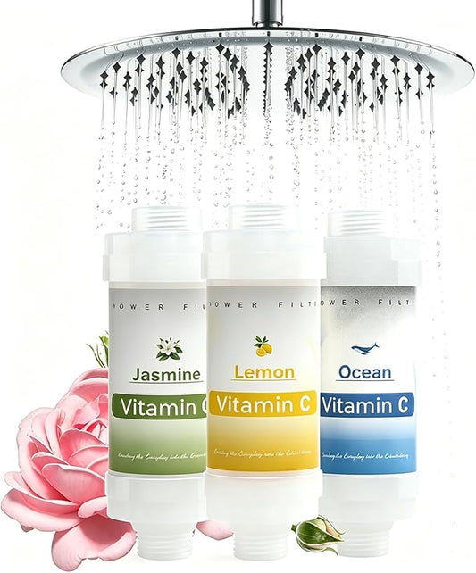 3 Pack Vitamin C Shower Filter for Hard Water Filter Bathtub Shower Aromatherapy Replacement Cartridge Bathroom Accessories Remove Chlorine Fluoride Heavy Metals Lemon + Jasmine + Ocean