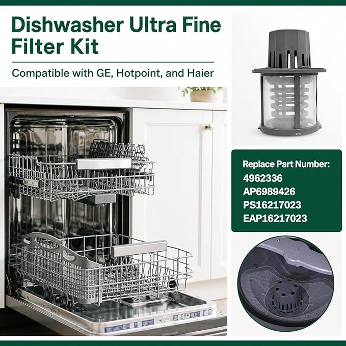 WD12X25995 Ultra Fine Filter and Basket Assembly Compatible With GE/Hotpoint/Haier Dishwashers, Replace AP6989426 PS16217023 EAP16217023 Dishwasher Filter Replacement Part CDT888P2V1S1 CDT805M5N2S5