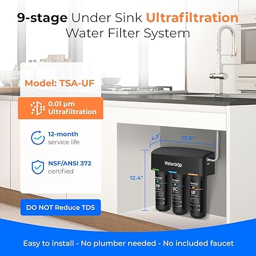 Waterdrop WD-TSA-UF 0.01 μm Ultra Filtration Under Sink Water Filter, 9 Stage Under Sink Water Filtration System, Reduces Chlorine, Taste and Odor, Fluoride, Connects Directly to Your Faucet