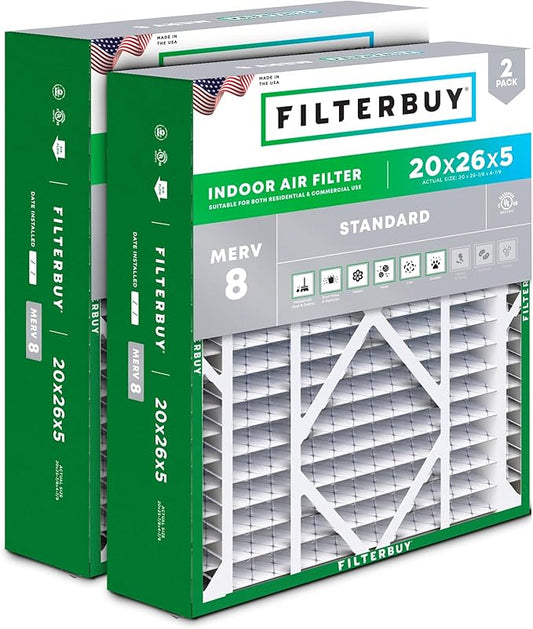 Filterbuy 20x26x5 Air Filter MERV 8 Essential Dust & Allergy Defense (2-Pack), Pleated HVAC AC Furnace Filters for Electro-Air, Lennox, White Rodgers, and More (Actual Size: 20.00 x 25.88 x 4.88)