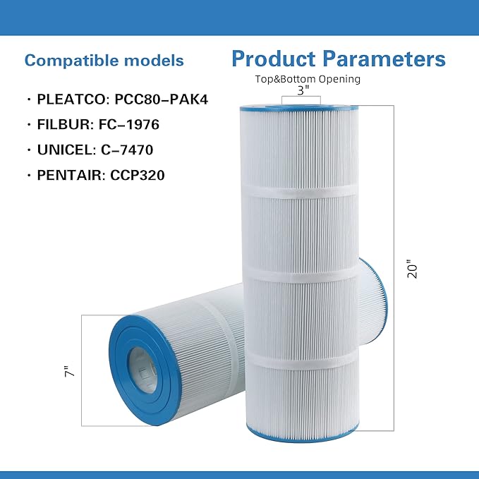 C-7470 Pool Filter Cartridge Replaces Pentair CCP320,Pleatco PCC80-PAK4 PCC80,Clean and Clear Plus 320,Filbur FC-1976,R173573,178580, L:20" xOD:7", 4X80 sq.ft. 4 Pack