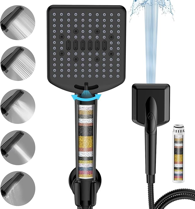 Homlord Filtered Shower Head with Handheld Matte Black - High Pressure 6 Modes, 120 Anti-clog Nozzles, Detachable Showerhead with Hard Water Filters, Extra Long 6ft Hose, Power Wash Mode for Bathroom