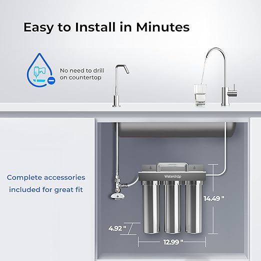 Waterdrop TST-B 0.01 Micron Ultra Filtration Under Sink Water Filter, 3-Stage Stainless Steel Under Sink Water Filtration System with Dedicated Faucet, Removes Chlorine, Taste&Odor (Drilling Required)