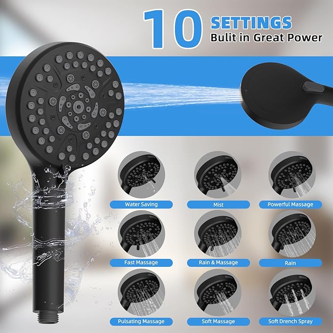 All Metal Shower Head, 8" High Pressure Rainfall/Handheld Shower Combo with 11" Extension Arm, 10-Spray Handheld Showerhead, 71" Long Hose, 3-Way Diverter Valve, Matte Black