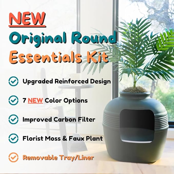 Good Pet Stuff Hidden Litter Box Planter, Decorative Cat Litter Enclosure with Carbon Filter & Faux Plant, Made in USA, Removable Liner, Odor Control, NEW Round Style, Essentials Kit, Matte Black
