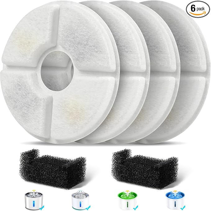 Filters Replacements for Flower Automatic Pet Fountains, Cat Water Fountain Replacement Parts and Dog Water Dispensers Filters for 81oz/2.4L Round Cat Water Fountains (4 Filters+2 Sponges)
