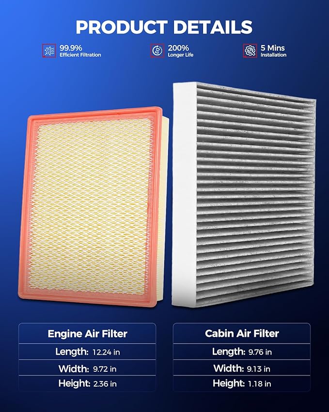 KAX Engine & Cabin Air Filter Kit, Replacement for Chevrolet Silverado 1500, 2500 HD, 1500 LD, 3500 HD, Suburban 3500 HD, GMC Sierra 1500, Yukon, Tahoe, Cadillac Escalade, Replace# CA8755A CF11809