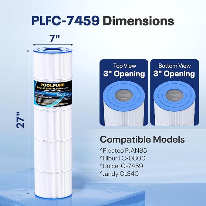 POOLPURE C-7459 Filter Replaces Jandy CL 340, PJAN85, Ultral-A8, Unicel C-7459, Filbur FC-6405, Filbur FC-0800, A0557900, R0554500, Aladdin 18504, APCC7352, 4X85 sq.ft Filter Cartridge 4 Pack