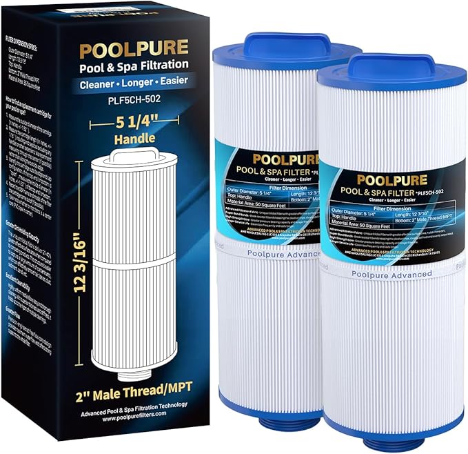 POOLPURE 5CH-502 Fine Thread Spa Filter Replaces PPM50SC-F2M, Marquis Spa 20041, 20091, 370-0237, Marquis 50 Hot Tub Filter, Length: 12 3/16", 2” Male Thread/MPT (2 Pack)