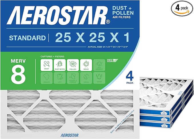 Aerostar 25x25x1 MERV 8 Pleated Air Filter, 4 Pack, AC Furnace Filters, HVAC Filter, Air Conditioner Filters, Heater Filters Replacement for Home (Actual Size: 24.5x24.5x0.75)