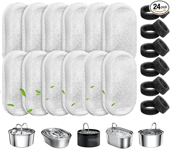 Cat Water Fountain Filters, 12 Pack Pet Replacement Filters with 12 Sponges for Stainless Steel 67oz/2L, 108oz/3.2L and 135oz/4.0L Faucet-Shaped Pet Water Fountain Dog Water Dispenser