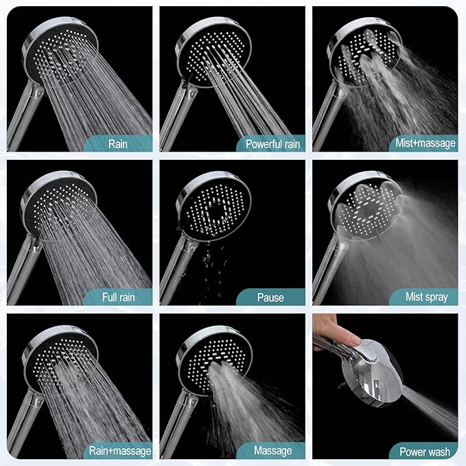 SR SUN RISE NSF Certified Filtered Shower Head with Handheld for Hard Water to Remove Chlorine High Pressure 9-Spray Setting (with Power Wash) Anti-Clog Nozzles (4 Filter, Chrome)