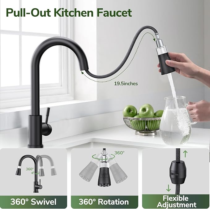 Kitchen Faucet with Pull Down Sprayer, Hurran Matte Black Water Filter Faucets, High Arc Single Handle Kitchen Sink Faucet 1 or 3 Hole, Utility Sink Faucets with Deck Plate for Farmhouse Rv Wet Bar