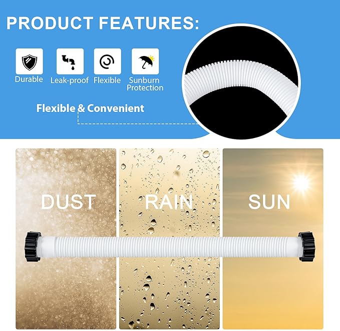 Glooglitter Pool Pump Replacement Hose 1.5" Diameter 2 Pcs 59" Long and 1 Pcs 16" Long Accessory Filter Hose for Sand Filter Pumps, Saltwater Systems for Above Ground Pools