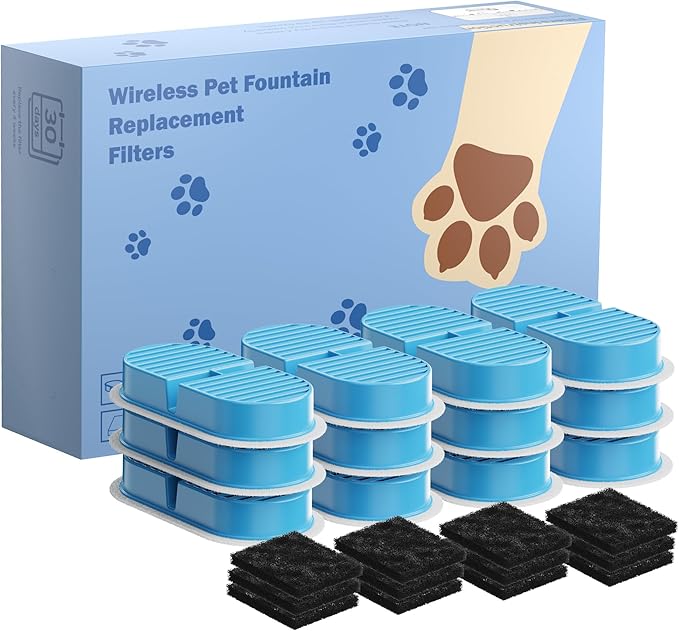 VKIMISS Cat Water Fountain Filters: Pet Water Dispenser Filter Replacement 24 - Packs of Cat Fountain Filters (12 Carbon Filters + 12 Sponges) Multiple Filtration Please Replace it Every 2-3 Weeks