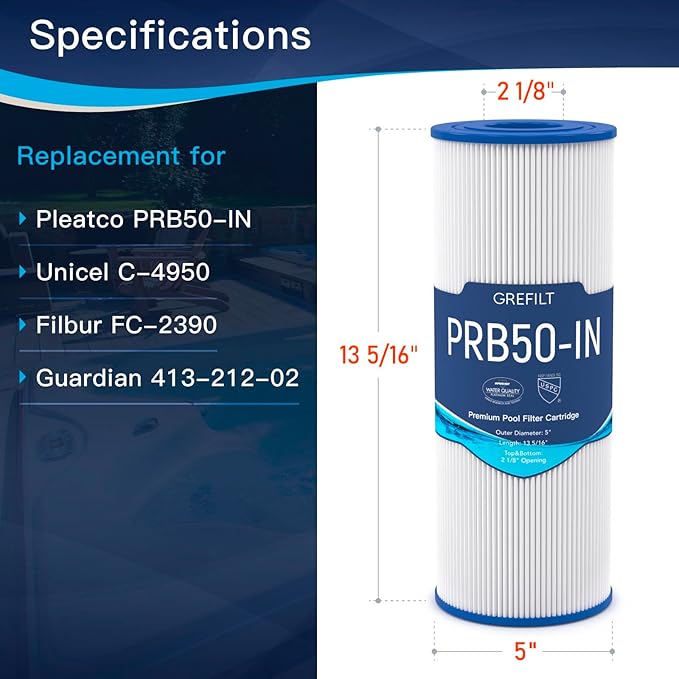 C-4950 Hot Tub Filter Compatible with PRB50-IN Hot Tub Filter, Filbur FC-2390, J200, Guardian 413-212-02, 5X13 Drop in, 50 sq.ft, 2-Pack