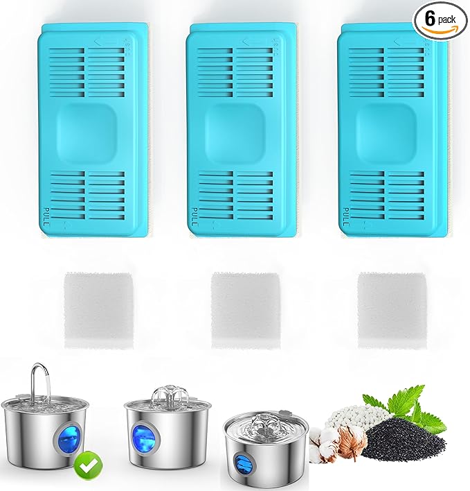 Cat Water Fountain Filter Replacement: 6 Cat Fountain Filter - Contains 3 Carbon Filters & 3 Foam Filters - Suitable for JLVDXN 2.2L/74oz Stainless Steel Cat Fountain