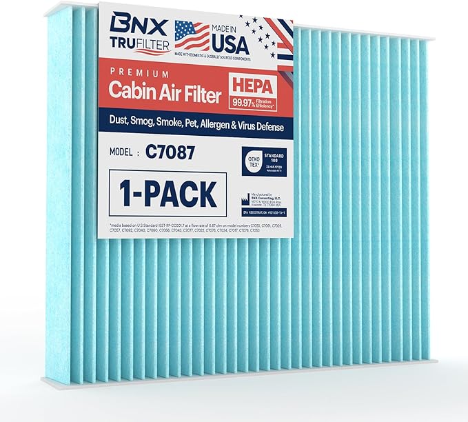 BNX TruFilter C7087 Cabin Air Filter, HEPA 99.97%, MADE IN USA, Compatible With Toyota: Camry, Avalon; Lexus: ES300h, ES350, RX350, RX450h
