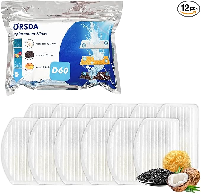 ORSDA Cat Water Fountain Filters, Carbon and Resin Filters ONLY for 100oz/3L Automatic Pet Fountain Dog Water Dispenser, 3 Triple Filtration System（12 Pcs）