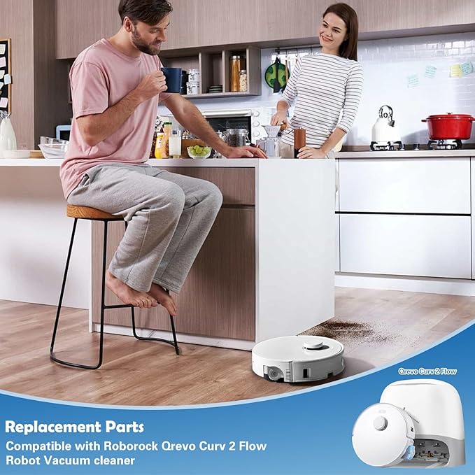 Accessories Replacement Kit for Roborock Qrevo Curv 2 Flow Robot Vacuum, 1 Main Brush, 1 Mop Rollers, 4 Filters, 4 Side Brushes, 4 Dust Bags, 1 Cleaning Tool
