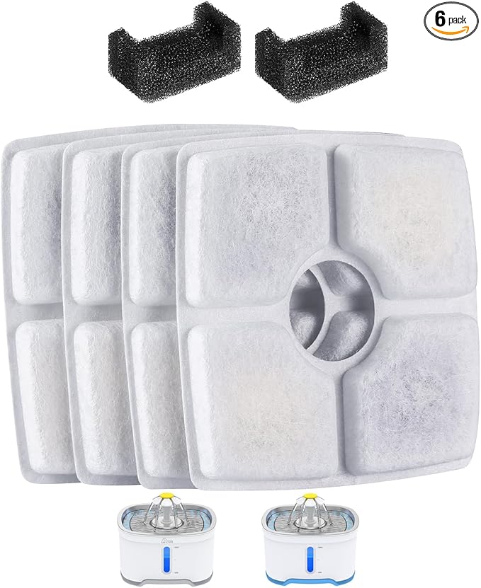 Wonder Creature Cat Fountain Filter for Cubic Cat Water Fountain, 4 Carbon Filters & 2 Pre-Filter Sponges Pack, Elliptical Pet Dispenser Filter