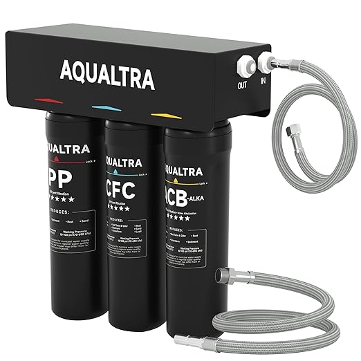 AQUALTRA USF-3B-10 Slightly Alkaline Under Sink Filter System, 8K-32K Gal, Reduce PFOA, PFOS, Chlorine, Lead, Mercury, Chloramine, Fluoride, Microplastics Particles, Bad Taste & Odor