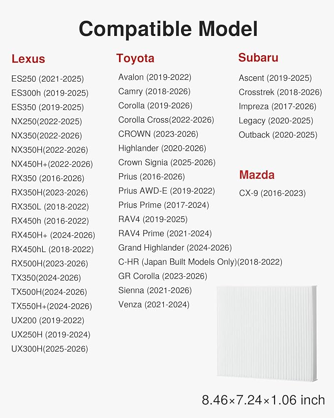 Puroma Cabin Air Filter, Replacement for CP157, CF12157, Compatible with Subaru, Toyota Camry, RAV4, Highlander, Corolla, Sienna, Pruis, Venza and Avalon, Lexus, Mazda