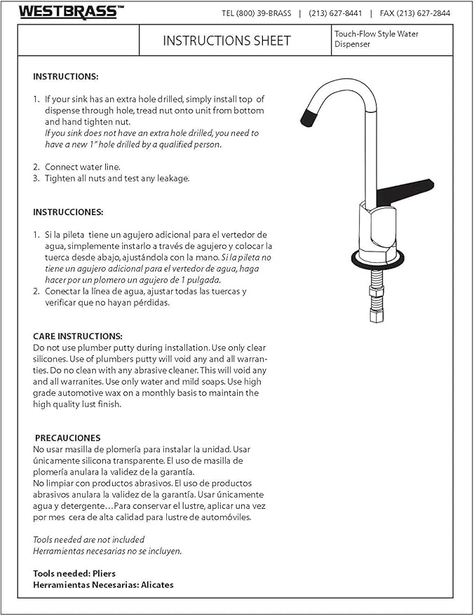 Westbrass D203-NL-20 6" Touch-Flo Style Pure Cold Water Dispenser Faucet, 1 Pack, Stainless Steel