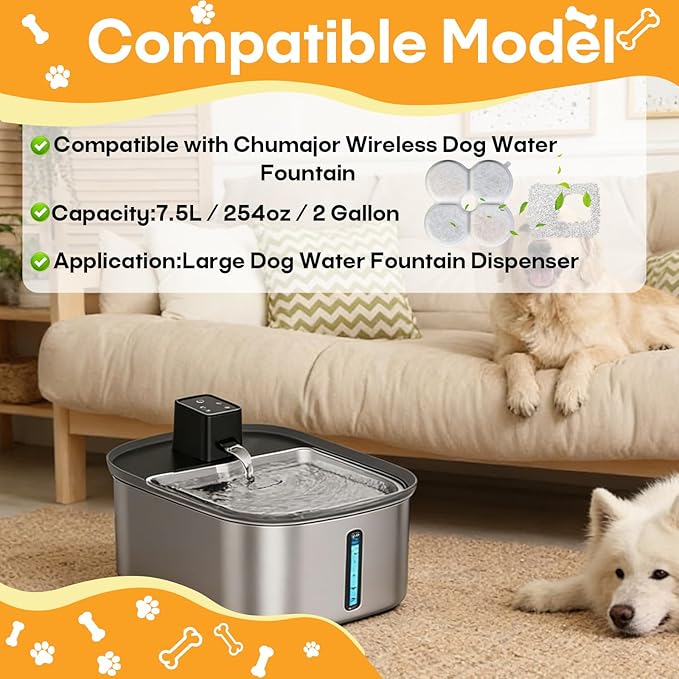 12+12 Pack Dog Water fountain Filters Compatible with Chumajor Wireless 7.5L/254oz/2Gal Dog Water Fountain, Multi-Layer Filtration for Large Dog Water Bowl Dispenser, Includes 12 Filters & 12 Sponges