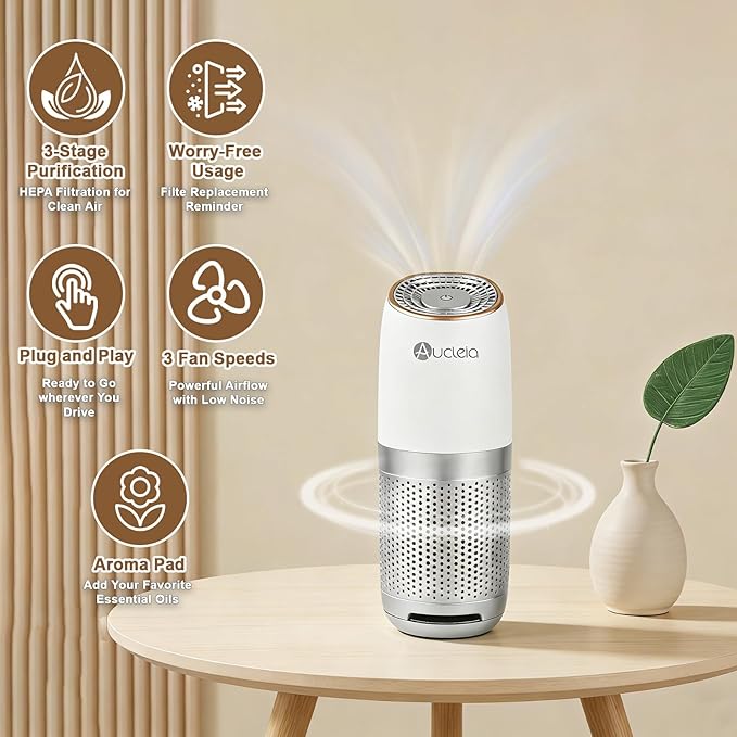 Aucleia Mini Portable Air Purifier with True H13 HEPA Filter, Car Air Purifier for Travel and Office to Remove Pet Hair and Odor Smoke Dust and Pollen, Aromatherapy Function White Gray