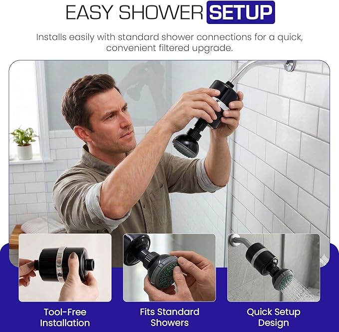 Crystal Quest Shower Filter with Head, Shower Head Filter for Hard Water, Shower Water Filter Removes Chlorine, chloramines & VOCs, Filter Shower Head, Improves Skin & Hair, Long-Lasting - Black