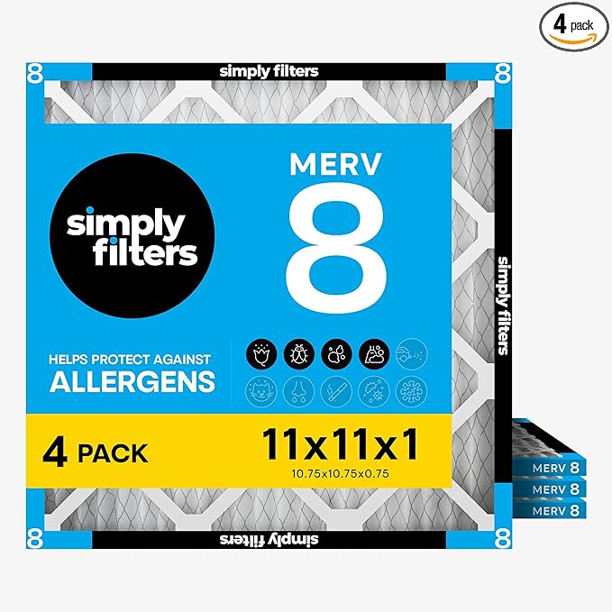 Simply 11x11x1 Air Filter, Merv 8, 4 Pack, For Home AC Furnace & HVAC (Actual Size: 10.75"x10.75"x0.75") DUST, Pet, & Allergy Control