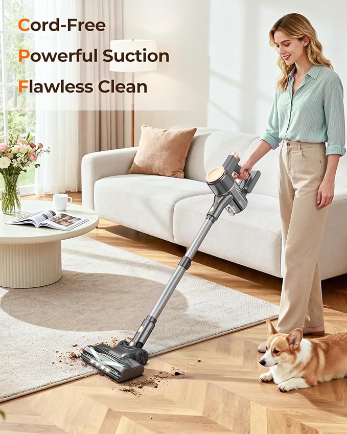 UML0 N8 Cordless Vacuum Cleaner,Lightweight Stick Vacuum with Powerful Suction,2200mAh Battery,40 Mins Runtime, Self-Standing,Rechargeable Vacuum Cleaners for Home Hardwood Floor Pet Hair (Champagne)