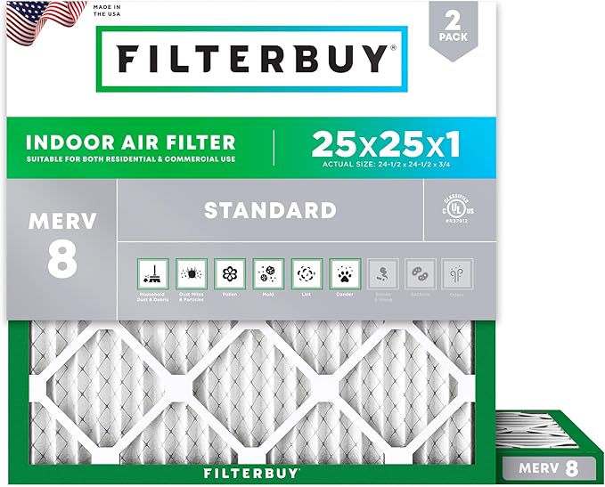 Filterbuy 25x25x1 Air Filter MERV 8 Essential Dust & Allergy Defense (2-Pack), Electrostatic Pleated HVAC AC Furnace Filters Replacement, Made in USA (Actual Size: 24.50 x 24.50 x 0.75)