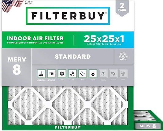 Filterbuy 25x25x1 Air Filter MERV 8 Essential Dust & Allergy Defense (2-Pack), Electrostatic Pleated HVAC AC Furnace Filters Replacement, Made in USA (Actual Size: 24.50 x 24.50 x 0.75)