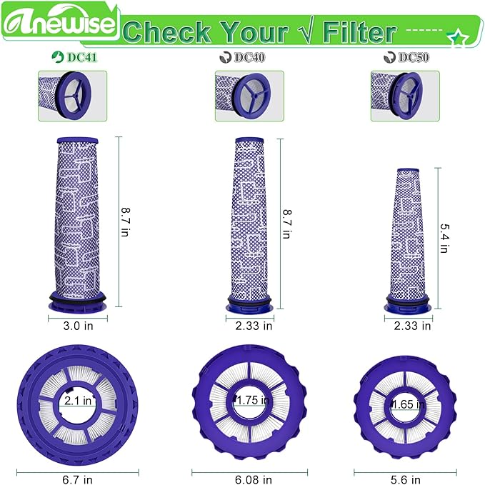 Anewise Filter Replacements for Dyson DC41, DC65, DC66, UP13, UP20 Multi Floor, Ball and Animal Vacuum, 2 Post Filters & 2 Pre Filters, Replaces Part # 920769-01 & 920640-01