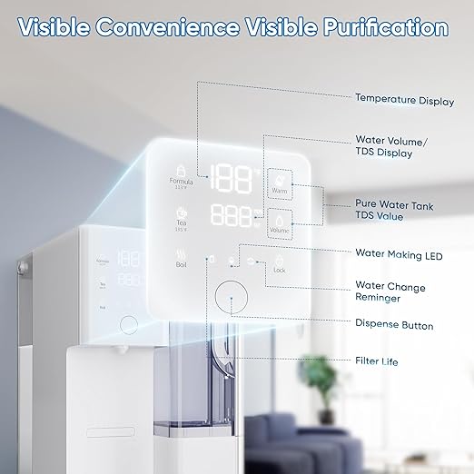 Reverse Osmosis Water Filter Countertop 5 Stage RO System, Hot & Cold Water Dispenser, 4:1 Pure to Drain, TDS Display & Filter Life, No Installation Portable RO Water Purifier for Home
