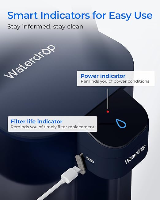 Waterdrop ED61B Water Filter Dispenser, 200-Gallon Rechargeable Water Pitcher, Instant 15-Cup Countertop System, 10X Filtration Efficiency, Reduce 98% Chlorine and 20+ Contaminants, Blue