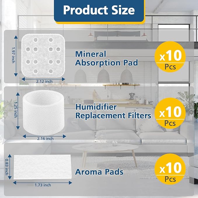 10 Pack Humidifier Replacement Filters, 10 Pack Absorption Pads and 10 Pack Aroma Pads, Compatible with LEVOIT LV600S OasisMist450S Humidifier
