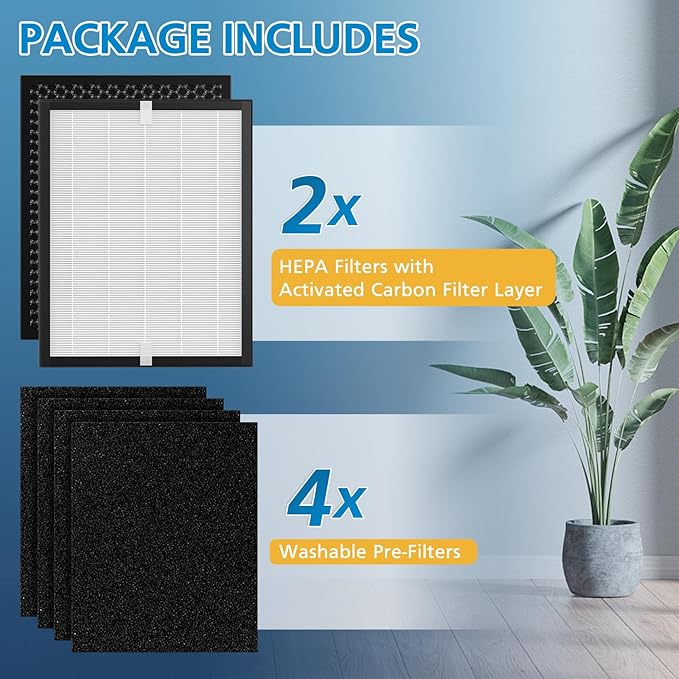 2 Pack KJ190L Filter Replacement Compatible with MOOKA KJ190L Air Purifier For Home Large Room 2000 Ft², 2 KJ190 Filters and 4 Washable PreFilters Pet Air Purifier Filters for Bedroom