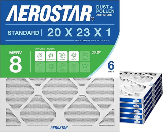 Aerostar 20x23x1 MERV 8 Pleated Air Filter, 6 Pack, AC Furnace Filters, HVAC Filter, Air Conditioner Filters, Heater Filters Replacement for Home (Actual Size: 19.875x22.875x0.75)