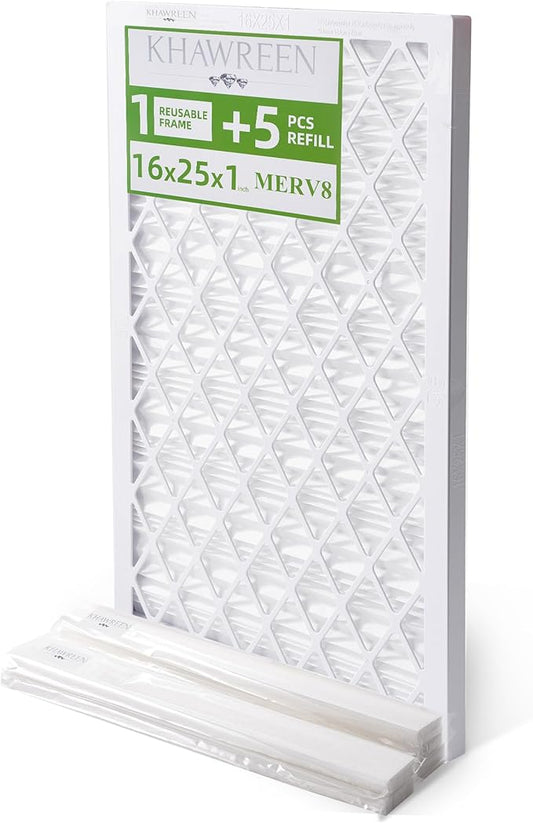 Reusable Air Filter Kit, MERV 8, Compatible with AC & Furnace System, Reusable & Washable 1 ABS Plastic Frame & 5 Replaceable Filter Media. (16x25x1in)