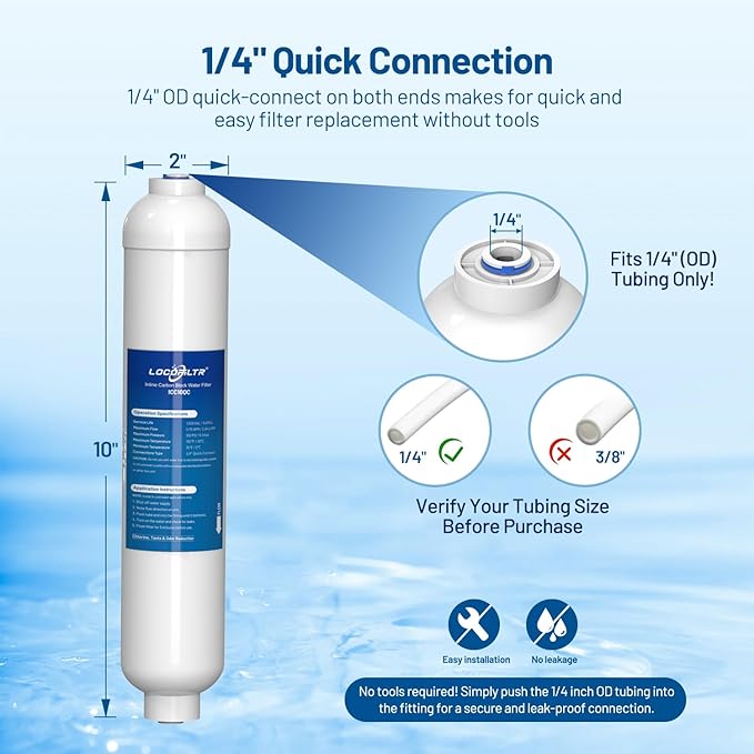 Inline Activated Carbon Block Water Filter with 1/4" Quick Connect, T33 In Line Water Filter Replacement Cartridge for Icemaker, Post Carbon Filter for RO Reverse Osmosis Water System (Pack of 3)