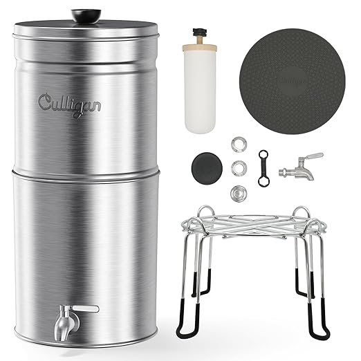 Culligan MaxClear 3 Gallon Gravity Water Filter System Removes Microplastics, PFAS & Lead, NSF/ANSI Certified, Brushed Stainless-Steel Countertop Filter with 1 Ceramic Filter
