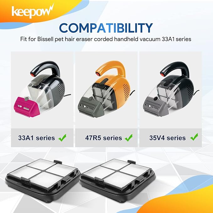 KEEPOW Pet Hair Eraser Filter Replacement 97D5 6 Pack, Compatible with Bissell Pet Hair Eraser Corded Handheld Vacuum 33A1 Series, 35V4 Series, 47R5 Series, Part# 2037416, 2031432