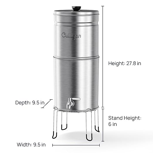 Culligan MaxClear 3 Gallon Gravity Water Filter System Removes Microplastics, PFAS & Lead, NSF/ANSI Certified, Brushed Stainless-Steel Countertop Filter with 1 Ceramic Filter