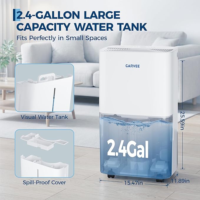 Garvee 50 Pint Dehumidifier for up to 5,500 Sq Ft, with Reusable Air Filter 2.4 Gallon Water Tank, Compact for Home, Basement, Large Sized Rooms, Bathroom