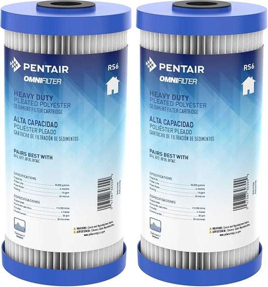 Pentair OMNIFilter RS6 Sediment Water Filter, 10" Whole House Heavy Duty Big Blue Pleated Replacement Cartridge, 10" x 4.5" (Pack of 2)