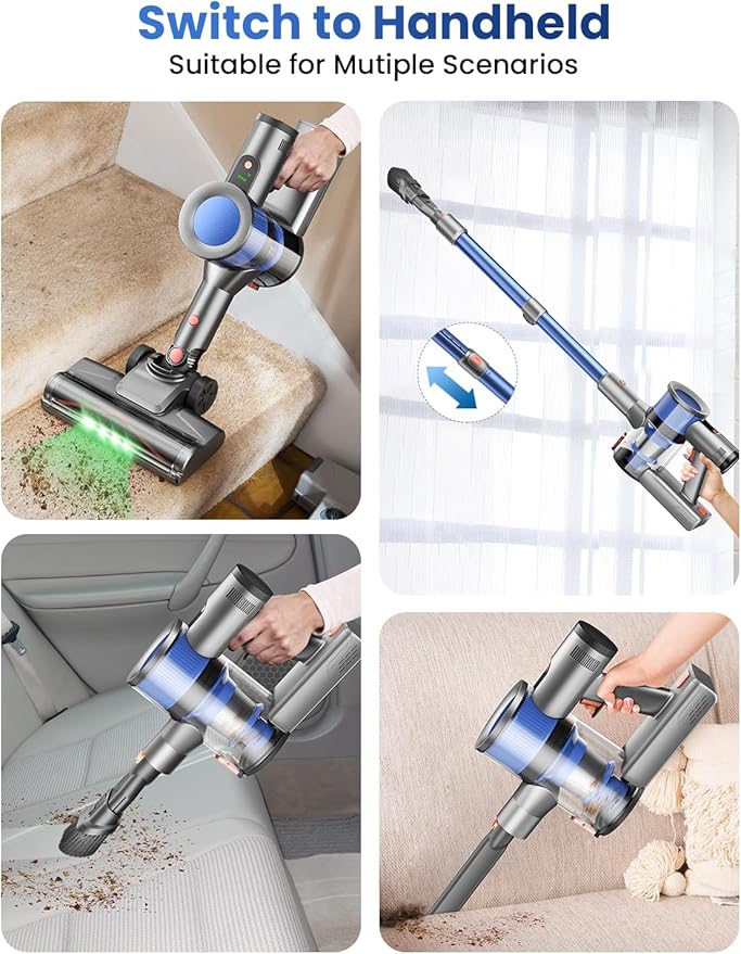 Dzaki Cordless Stick Vacuum Cleaner, 50KPa Brushless Motor Vacuum with Anti-Tangle, LED Display, 55-Min Runtime & Detachable Battery for Pet Hair, Carpet & Hardwood Floors